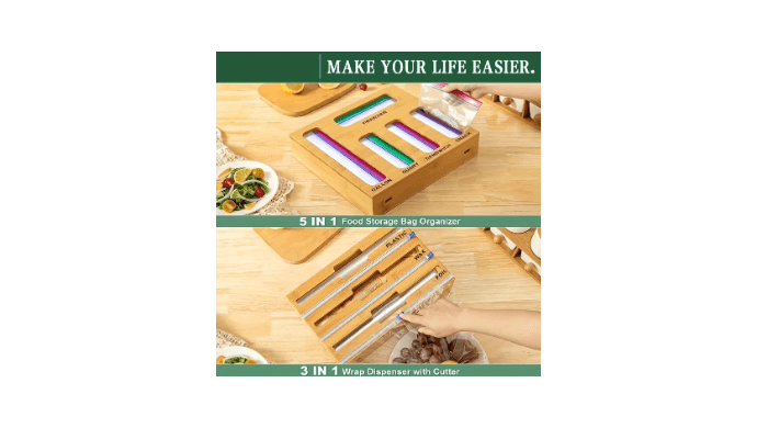 9 in 1 Storage Bag Organizer for Kitchen Drawer Combo, Bamboo Foil and Plastic Wrap with Cutter, Organizers Compatible Gallon, Quart, Sandwich Snack Size, Birthday Gifts, New Year Gift thumbnail 3