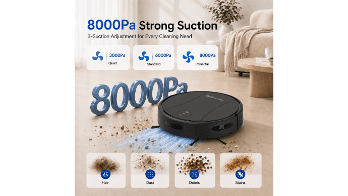 PrettyCare C2-v2 Robot Vacuum and Mop Combo Cleaner, 3-in-1, 8000Pa Suction, 5200mAh Battery, Black thumbnail 2