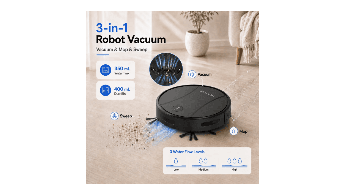 PrettyCare C2-v2 Robot Vacuum and Mop Combo Cleaner, 3-in-1, 8000Pa Suction, 5200mAh Battery, Black thumbnail 4