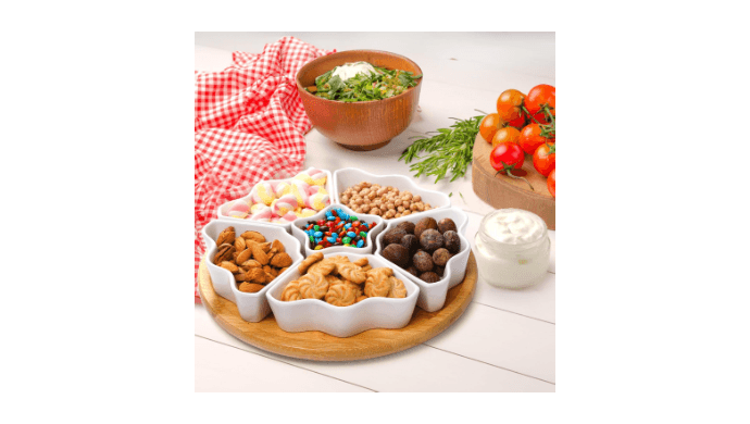 Foraineam Rotatable Serving Platters and Trays, Lazy Susan Relish Tray, 7-Compartment Divided Dishes, 11 Inch Porcelain Removable Bowl for Chip and Dip, Fruit, Nut, Candy and Snack thumbnail 2