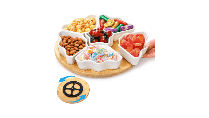 Foraineam Rotatable Serving Platters and Trays, Lazy Susan Relish Tray, 7-Compartment Divided Dishes, 11 Inch Porcelain Removable Bowl for Chip and Dip, Fruit, Nut, Candy and Snack thumbnail 4