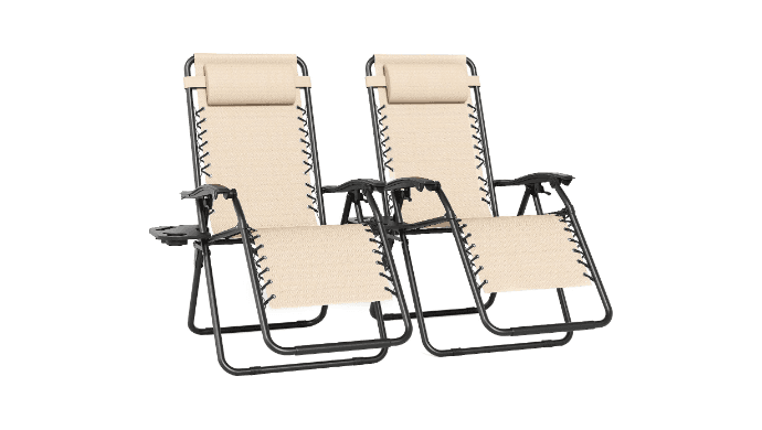 Set of 2 Adjustable Zero Gravity Lounge Chairs Outdoor Recliner w/Cup Holder Tray & Removable Pillows, Ergonomic Reclining Chair for Camping Patio Lawn Balcony (Beige-Brown) thumbnail 1