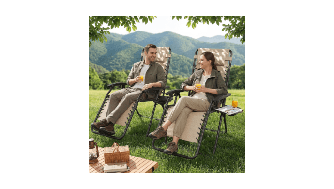 Set of 2 Adjustable Zero Gravity Lounge Chairs Outdoor Recliner w/Cup Holder Tray & Removable Pillows, Ergonomic Reclining Chair for Camping Patio Lawn Balcony (Beige-Brown) thumbnail 2