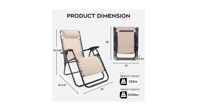 Set of 2 Adjustable Zero Gravity Lounge Chairs Outdoor Recliner w/Cup Holder Tray & Removable Pillows, Ergonomic Reclining Chair for Camping Patio Lawn Balcony (Beige-Brown) thumbnail 3