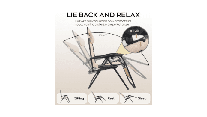 Set of 2 Adjustable Zero Gravity Lounge Chairs Outdoor Recliner w/Cup Holder Tray & Removable Pillows, Ergonomic Reclining Chair for Camping Patio Lawn Balcony (Beige-Brown) thumbnail 5