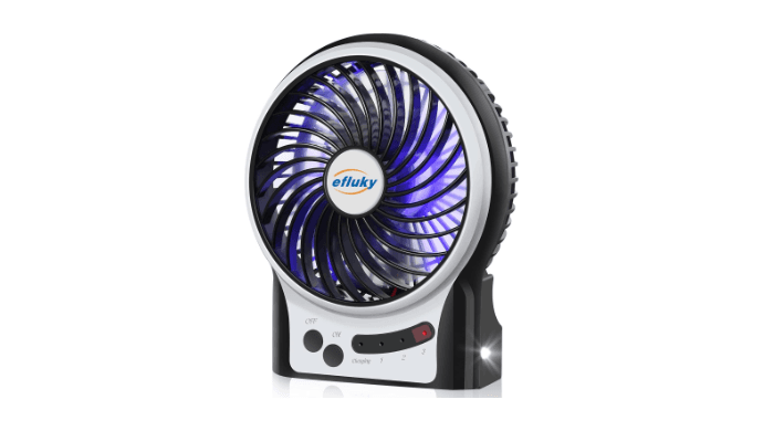 efluky 4.9-Inch Mini Desk Fan - 3 Speeds, Rechargeable Battery/USB Powered with LED Light, Quiet Portable Fan for Home, Office, Travel, Camping (Black) thumbnail 1
