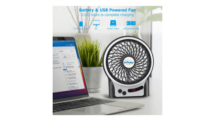 efluky 4.9-Inch Mini Desk Fan - 3 Speeds, Rechargeable Battery/USB Powered with LED Light, Quiet Portable Fan for Home, Office, Travel, Camping (Black) thumbnail 2