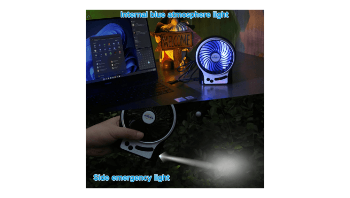 efluky 4.9-Inch Mini Desk Fan - 3 Speeds, Rechargeable Battery/USB Powered with LED Light, Quiet Portable Fan for Home, Office, Travel, Camping (Black) thumbnail 3
