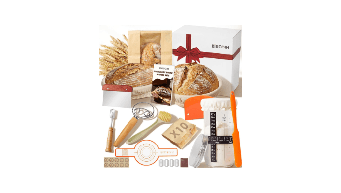 Kikcoin 13 PCS Sourdough Starter Kit with Round & Oval Banneton, Sourdough Bread Baking Supplies with Handmade Baskets, Bread Proofing Basket with Starter Jar, Bread Making Tools Kit for Beginners thumbnail 1