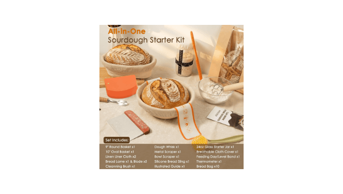 Kikcoin 13 PCS Sourdough Starter Kit with Round & Oval Banneton, Sourdough Bread Baking Supplies with Handmade Baskets, Bread Proofing Basket with Starter Jar, Bread Making Tools Kit for Beginners thumbnail 2