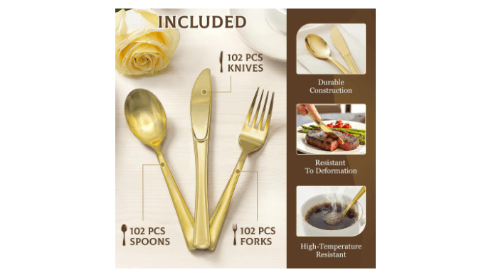 Glowserve 306 Pack Gold Disposable Plastic Silverware Set Cutlery Set thumbnail 4