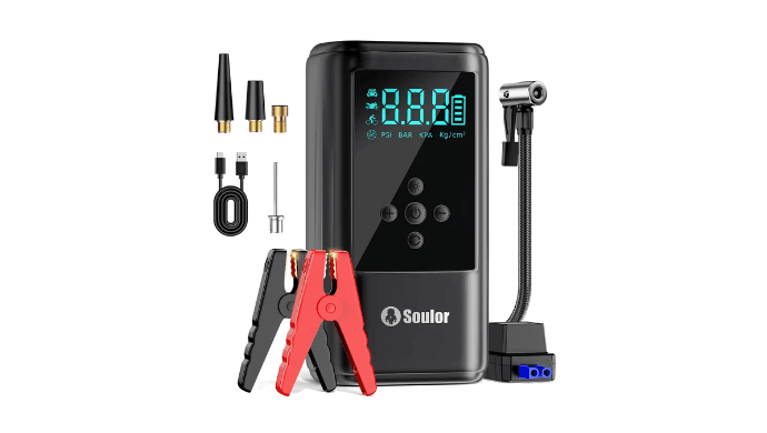 Soulor Jump Starter with Air Compressor, 6000A Battery Jumping Starter (Suitable for Gasoline and Diesel Vehicles),Three Emergency Lights Modes