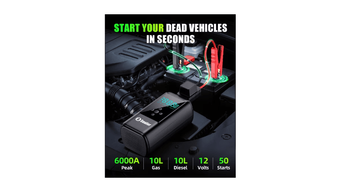 Soulor Jump Starter with Air Compressor, 6000A Battery Jumping Starter (Suitable for Gasoline and Diesel Vehicles),Three Emergency Lights Modes thumbnail 2