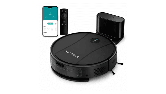 PrettyCare C2-v2 Robot Vacuum and Mop Combo Cleaner, 3-in-1, 8000Pa Suction, 5200mAh Battery, Black
