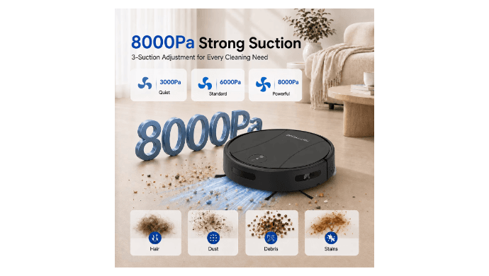 PrettyCare C2-v2 Robot Vacuum and Mop Combo Cleaner, 3-in-1, 8000Pa Suction, 5200mAh Battery, Black thumbnail 2