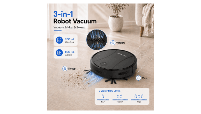 PrettyCare C2-v2 Robot Vacuum and Mop Combo Cleaner, 3-in-1, 8000Pa Suction, 5200mAh Battery, Black thumbnail 4