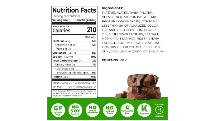 Orgain 38g High Protein Grass-Fed Shake, 6g BCAAs, Chocolate, 14 oz, 12pk thumbnail 2