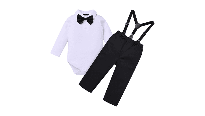 IDOPIP Baptism Christening Outfit for Boy Baby Clothes Suit Infant Gentleman Wedding Outfit Bowtie Romper Suspender Pants Set thumbnail 1