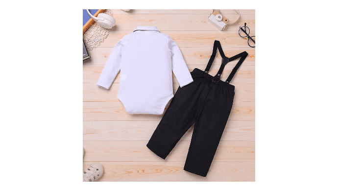 IDOPIP Baptism Christening Outfit for Boy Baby Clothes Suit Infant Gentleman Wedding Outfit Bowtie Romper Suspender Pants Set thumbnail 2