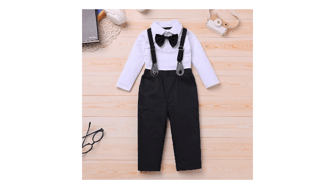 IDOPIP Baptism Christening Outfit for Boy Baby Clothes Suit Infant Gentleman Wedding Outfit Bowtie Romper Suspender Pants Set thumbnail 3