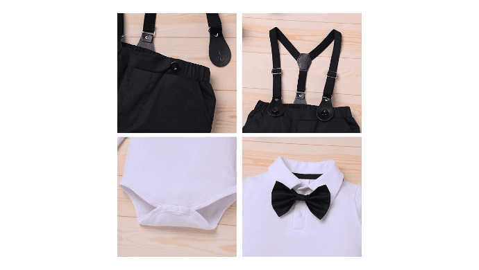 IDOPIP Baptism Christening Outfit for Boy Baby Clothes Suit Infant Gentleman Wedding Outfit Bowtie Romper Suspender Pants Set thumbnail 5