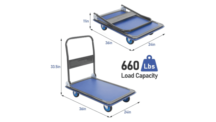 Olympia Tools Foldable Push Cart Dolly - 600 Lb. Capacity Heavy Duty Platform Truck with 360° Swivel Wheels - Blue thumbnail 3