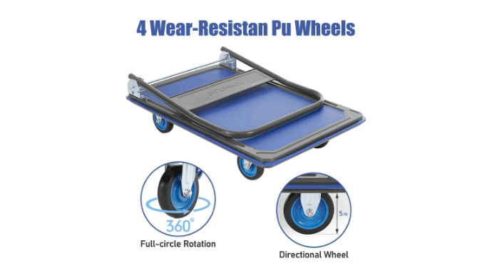Olympia Tools Foldable Push Cart Dolly - 600 Lb. Capacity Heavy Duty Platform Truck with 360° Swivel Wheels - Blue thumbnail 4