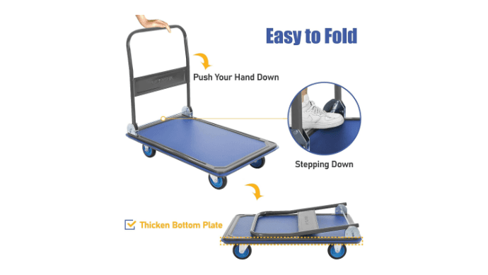 Olympia Tools Foldable Push Cart Dolly - 600 Lb. Capacity Heavy Duty Platform Truck with 360° Swivel Wheels - Blue thumbnail 5