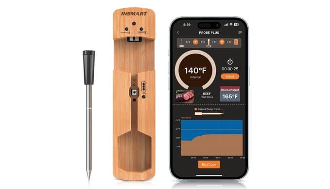 INSMART Wireless Smart Meat Thermometer,330FT Bluetooth Range,100% Waterproof,Precision Cooking Grilling,Multi Sensors,for BBQ,Oven,Grill,Kitchen,Smoker, Rotisserie Turkey Beef (Wood) thumbnail 1