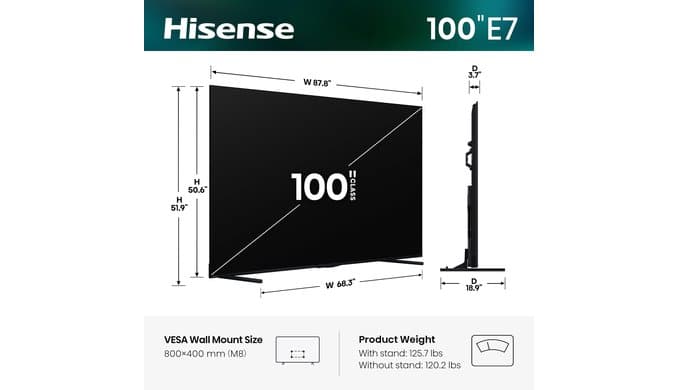 Hisense 100" E7 Cinema Series Hi-QLED Mini-LED 4K UHD Smart Fire TV (100E7SF, 2026 NEW) - Native 144Hz, AI Picture, Dolby Vision IQ · Atmos, FALD, HDR10+ Adaptive, MEMC, Alexa+ thumbnail 3