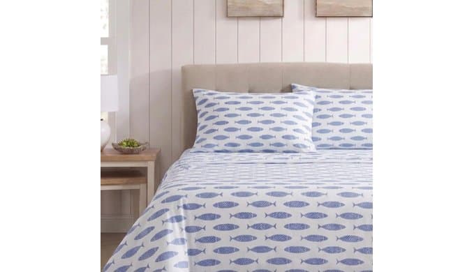Nautica | Percale Collection Sheet Set-100% Cotton, Crisp & Cool, Lightweight & Moisture-Wicking Bedding, Full, Woodblock Fish thumbnail 2