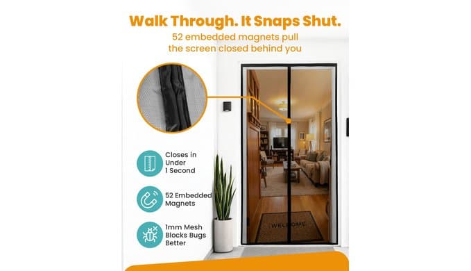 Flux Phenom Heavy Duty Fiberglass Magnetic Screen Door 38 x 82 Inch - Bugs Out, Breeze in - 9min Install Auto-Sealing Double Stitched Mesh, 52 Magnets, Hands Free for Patio Doors, Pet & Kid Friendly thumbnail 4