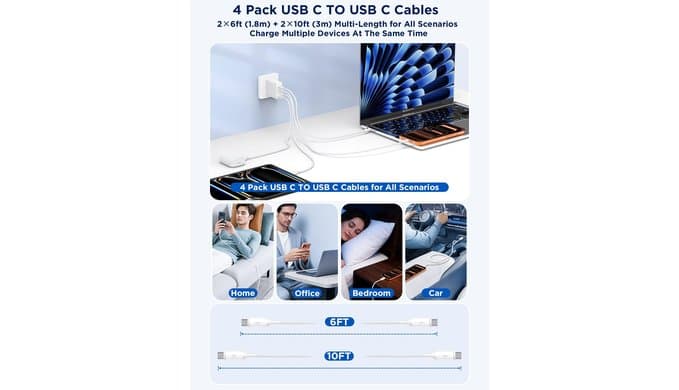 USB C to USB C Cable, PD 60W Fast Charging Cord (4Pack, 6/6/10/10ft, White) thumbnail 4