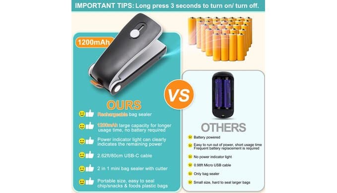 Mini Bag Sealer 2 in 1, Rechargeable Chip Bag Sealer Heat Seal with Cutter thumbnail 4
