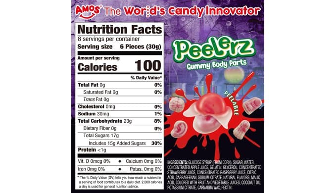 AMOS Peelerz Gummy Body Parts, Approx 48 Pieces Peelable Halloween Gummies,Raspberry and Strawberry Flavored Candy, Spooky Brain, Ear and Finger Shapes, Party and Trick-or-Treat Treats thumbnail 2