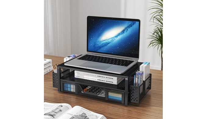 Simple Trending Monitor Stand with Drawer, 2-Tier Laptop Stand, Black thumbnail 2