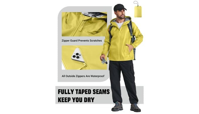 COOFANDY Rain Jacket Men Raincoat Waterproof With Hood Packable Windbreaker thumbnail 5