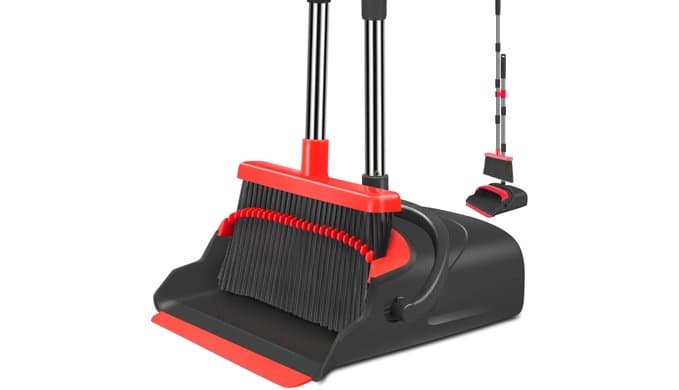 Upgrade Broom and Dustpan Set, Broom with Dustpan Combo Set, Large Size and with Long Handle, Upright,Ideal for Indoor Outdoor Garage Kitchen Room Office Lobby Use (Black&Red) thumbnail 1