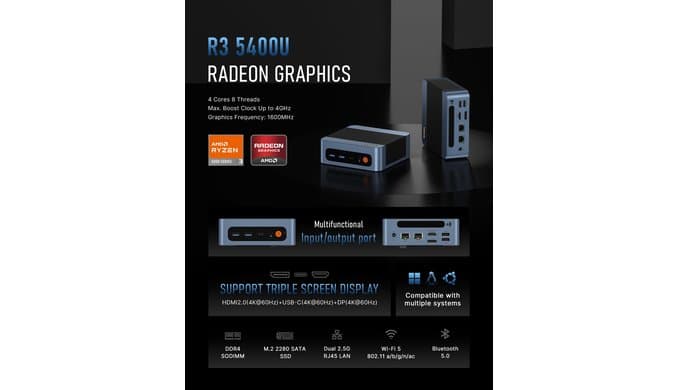 BOSGAME E5 Plus Mini PC Ryzen 5400U, 8GB Upgradable RAM 256GB SATA SSD thumbnail 2
