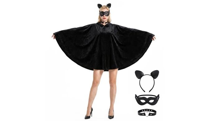 4 Pcs Black Cat Costume Hooded Cape Set, Halloween Women Cat Cosplay Outfit thumbnail 1