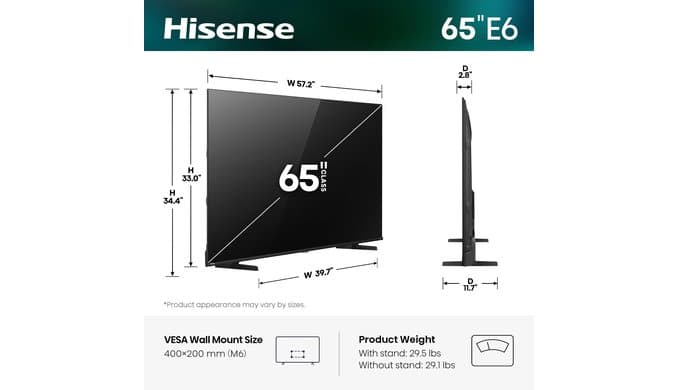 Hisense 65" Class E6SR Series Hi-QLED 4K UHD Smart Roku TV (65E6SR, 2026 Model) - Dolby Vision, Game Mode Plus, VRR, ALLM, DTS Virtual:X, Apple AirPlay, Compatible with Alexa and Google Assistant thumbnail 3