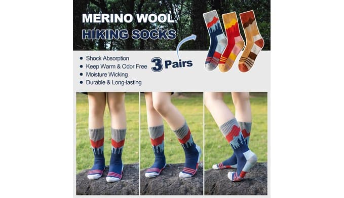 Womens Merino Wool Hiking Socks, Cushion Boot Socks for Camping Backpacking thumbnail 4