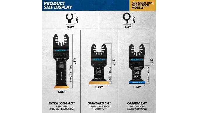 3PCS Oscillating Multi-Tool Blade Kit - Extra Long Plunge Blade, Standard Blade & Carbide General Purpose Blade for Deep Cuts, Flush Trim & Nail-Embedded Wood, Fits Dewalt Milwaukee Ryobi thumbnail 2