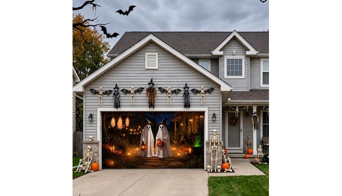 7 x 16 ft Halloween Garage Door Decorations Halloween decorations Cute Ghost Door Cover, Hanging Banner, Cauldron Backdrop Mural for Home, Outdoor, Indoor, Spooky Party, Wall, Window thumbnail 3