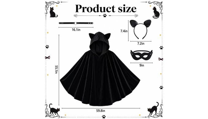 4 Pcs Black Cat Costume Hooded Cape Set, Halloween Women Cat Cosplay Outfit thumbnail 2