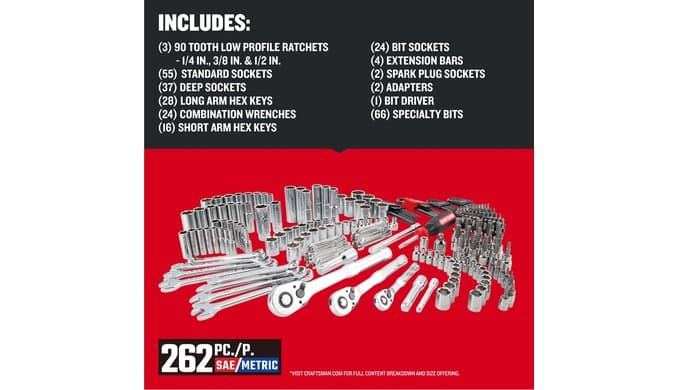 Craftsman 262-Piece Mechanic Tool Set with 3-Drawer VERSASTACK Box, SAE and Metric Socket Set, Car and Motorcycle Tool Kit with Combination Wrenches and Spark Plug Sockets, 90-Tooth (CMMT45309) thumbnail 2