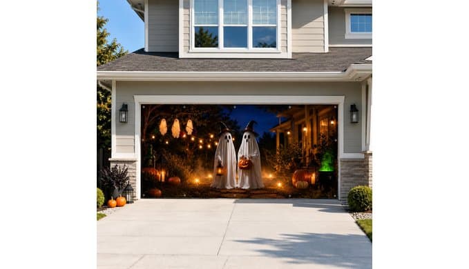 7 x 16 ft Halloween Garage Door Decorations Halloween decorations Cute Ghost Door Cover, Hanging Banner, Cauldron Backdrop Mural for Home, Outdoor, Indoor, Spooky Party, Wall, Window thumbnail 1