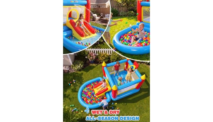 AKEYDIY 6-in-1 Inflatable Bounce House with Overhead Sprinkler & Slide - Detachable Ball Pit, Extra PVC Wet & Dry Water Park Kids 3-6 with Electric Pump, 30 Ocean Balls, Basketball Hoop & Game Mat thumbnail 2