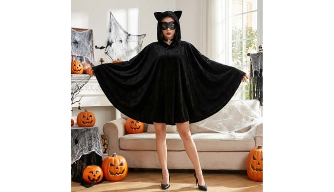 4 Pcs Black Cat Costume Hooded Cape Set, Halloween Women Cat Cosplay Outfit thumbnail 4