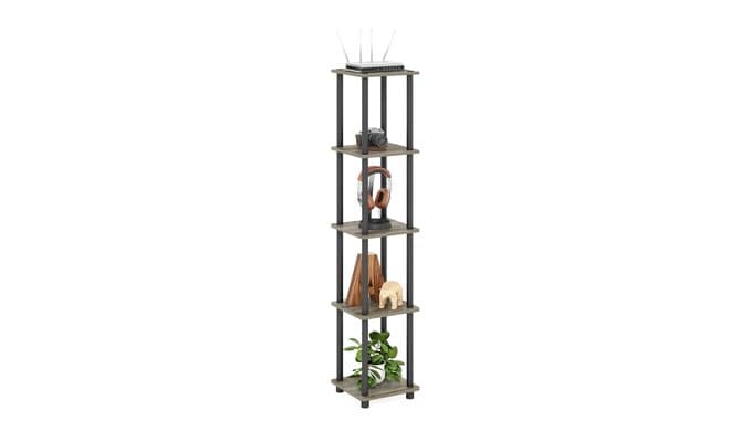 FURINNO Turn-N-Tube 5-Tier Corner Square Rack Display Shelf, Round, French Oak Grey/Black thumbnail 1